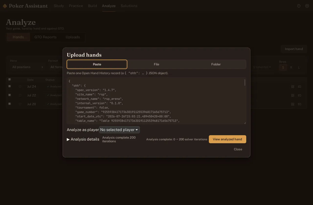 Screenshot of the upload dialog moments after a pasted hand's analysis finishes running.