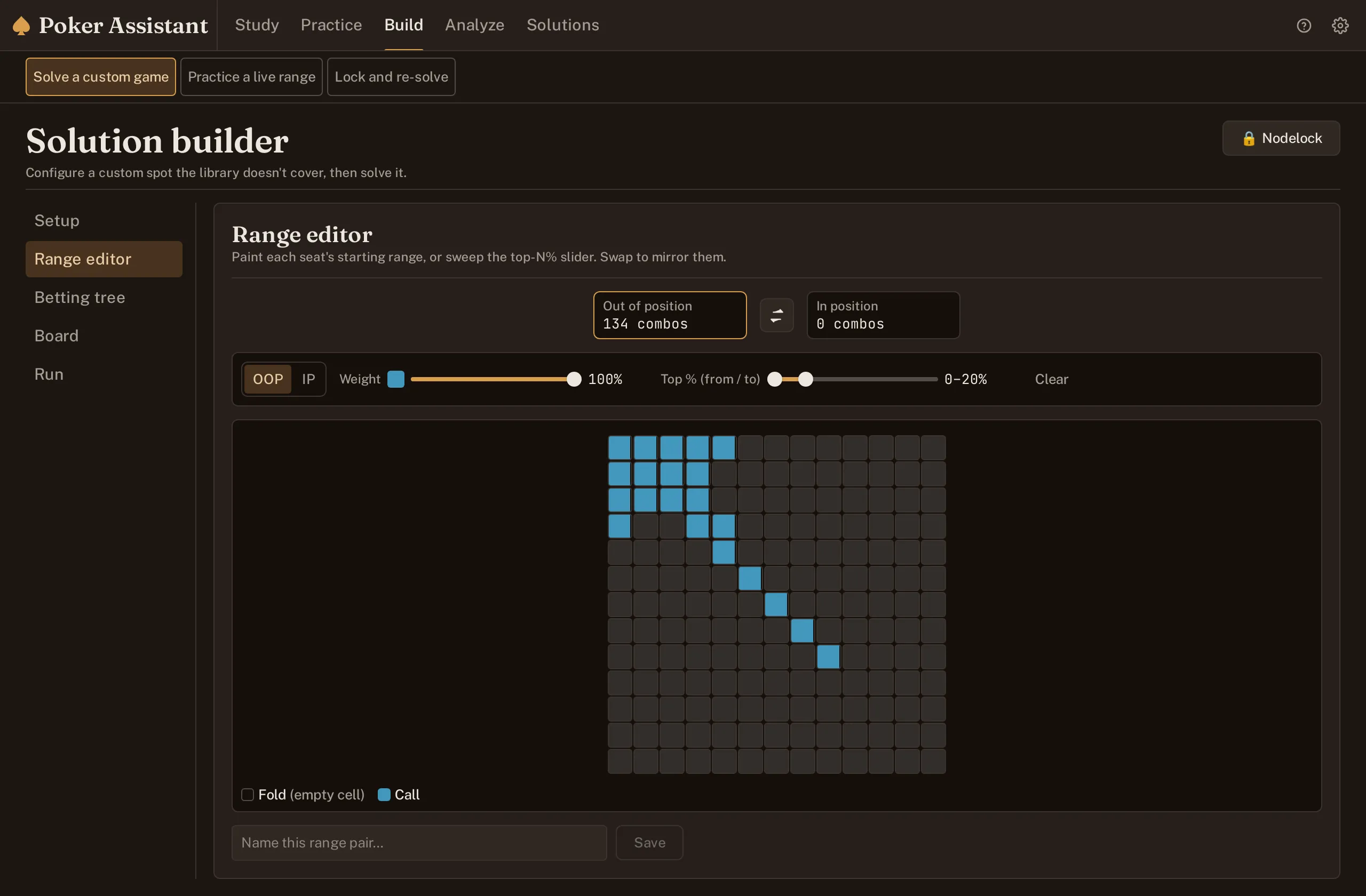 Screenshot of the Solution Builder range editor with one seat's range painted on the grid.