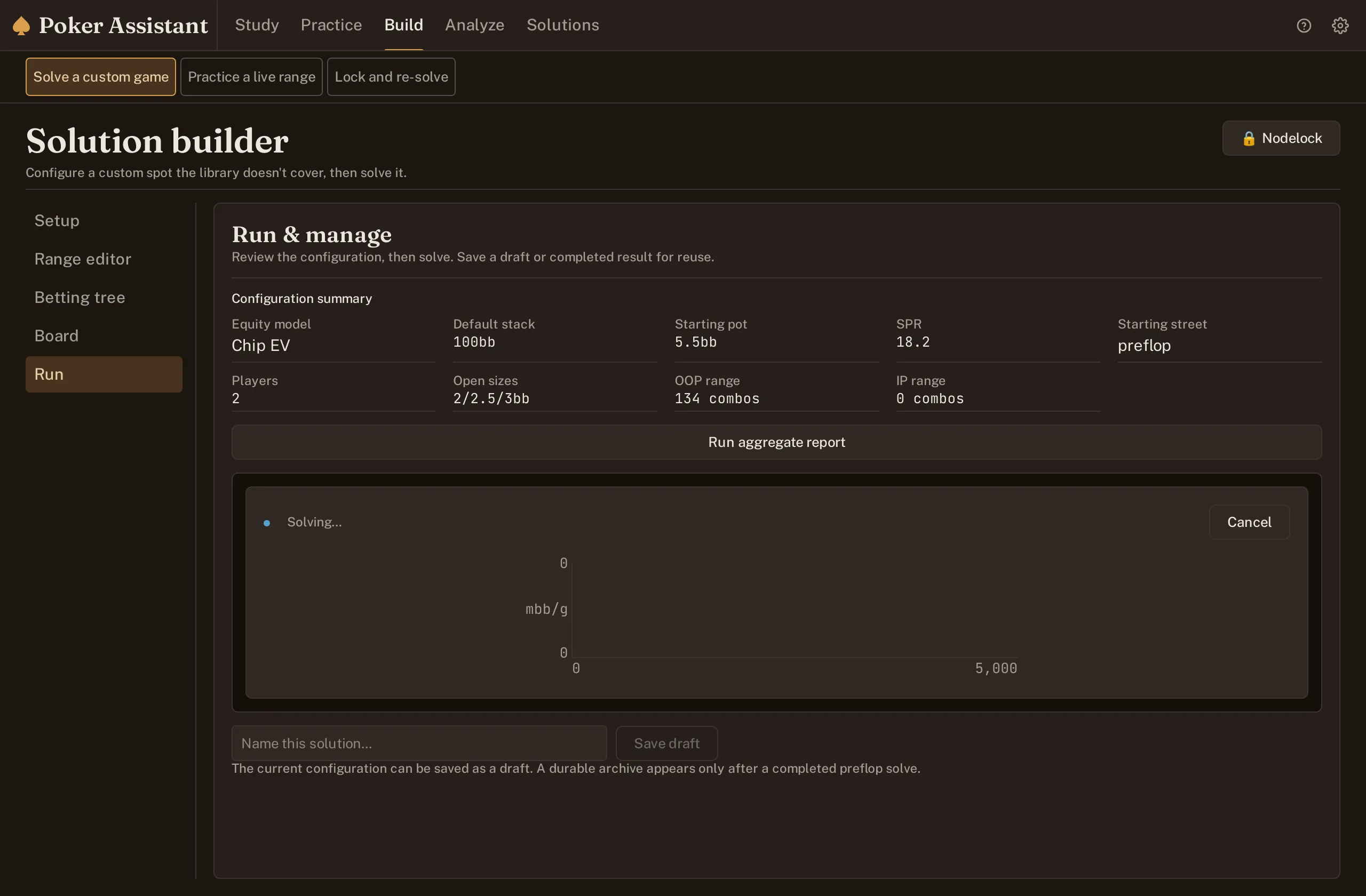 Screenshot of the Solution Builder Run panel with a solve in progress and its configuration listed.
