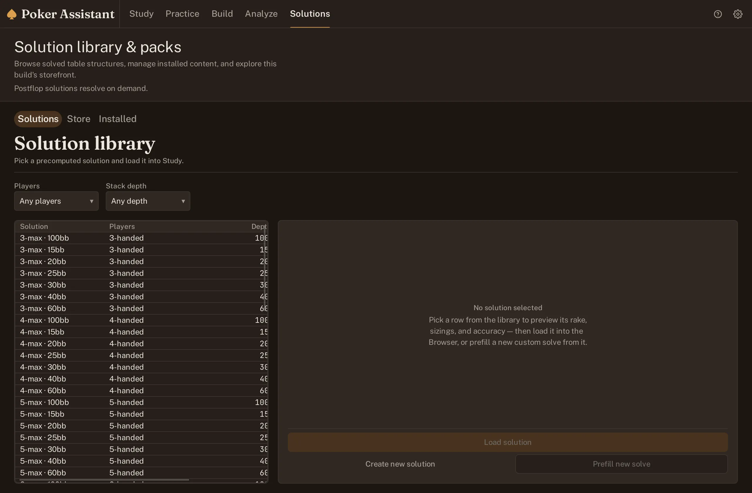 Screenshot of the Solution library open for the first time, with no row selected yet.