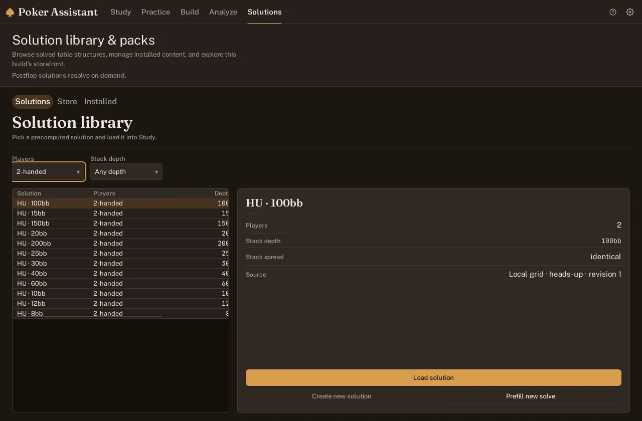 Screenshot of the Solutions screen with a heads-up structure selected, its Load solution button ready to click.