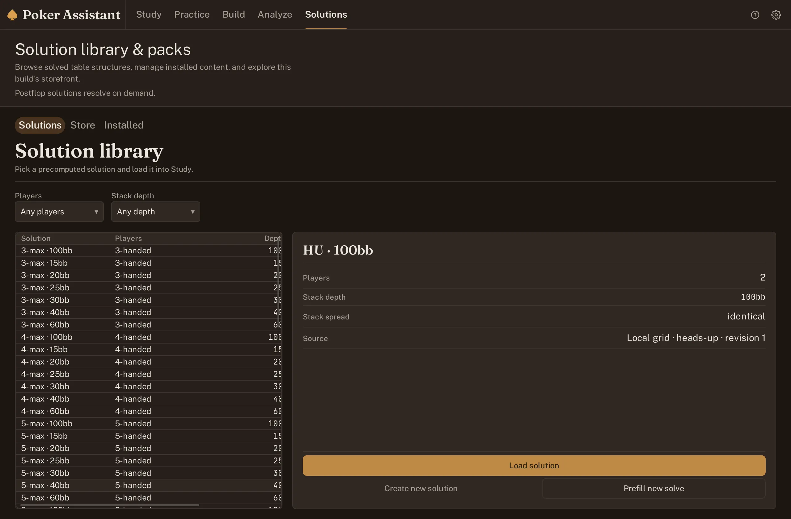 Screenshot of the Solutions library, its detail pane open on a selected heads-up structure with stack depth and revision shown.