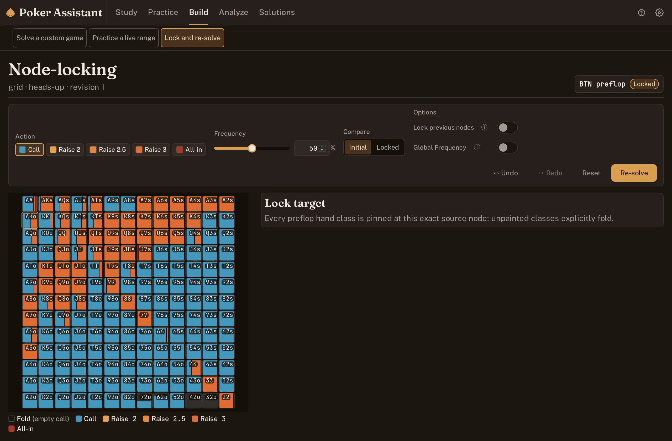 Screenshot of a 13 by 13 grid colored by action, with a frequency slider and action palette beside it.