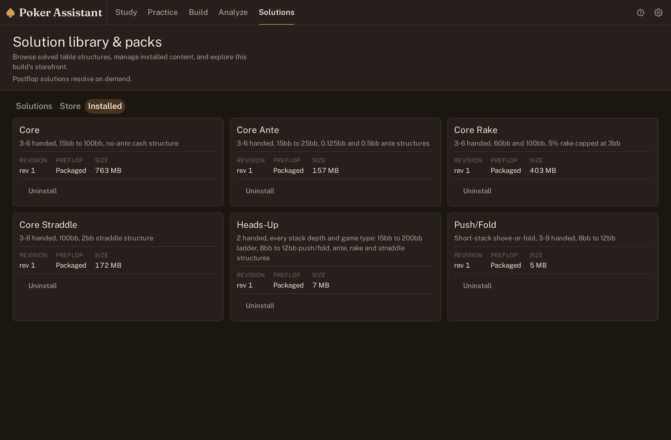 Screenshot of the installed packs list showing six packs with their coverage and sizes, from a 5 MB push/fold pack to a 763 MB core pack.