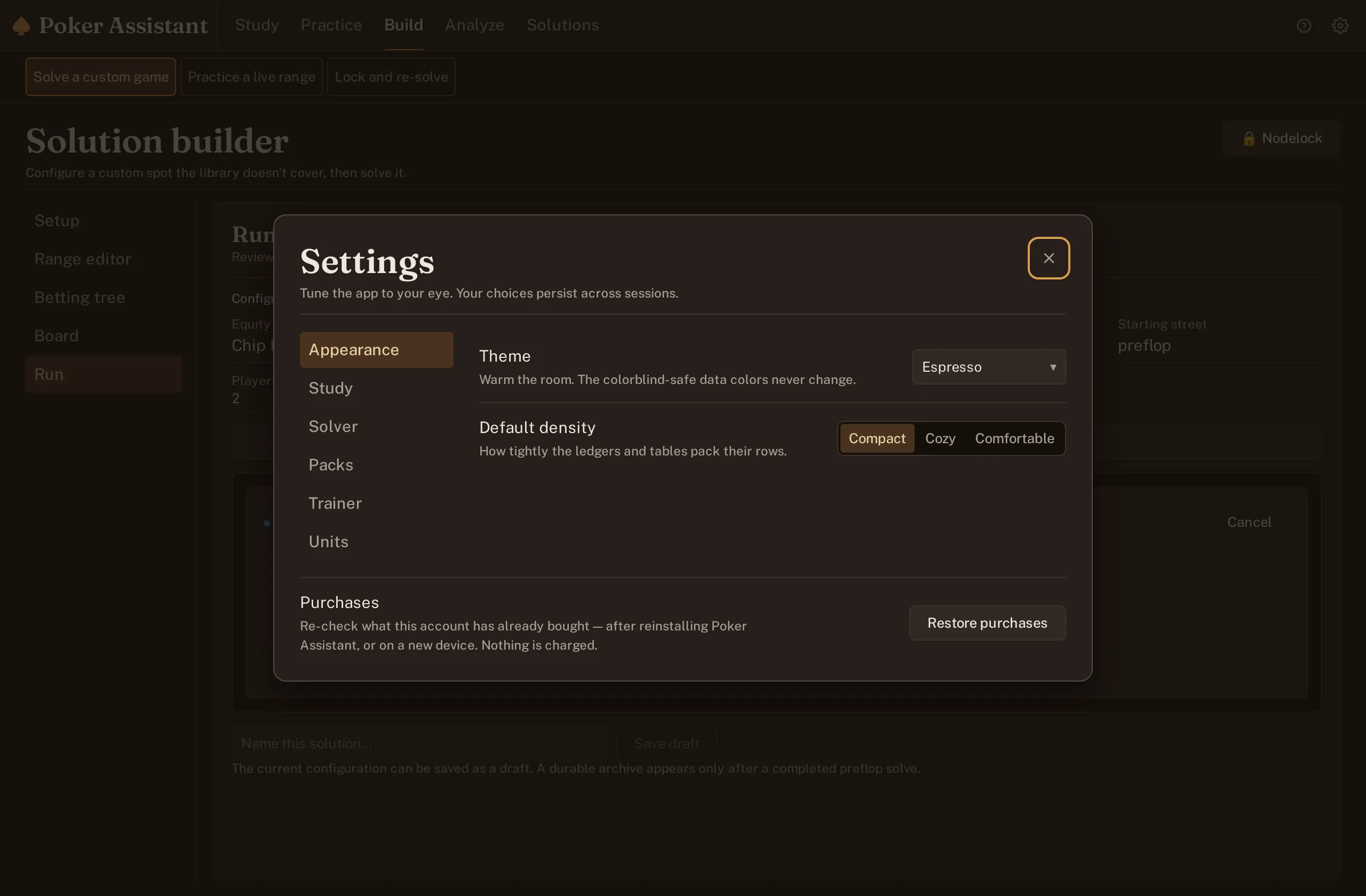 Screenshot of the Settings dialog's Purchases section with the Restore purchases control.