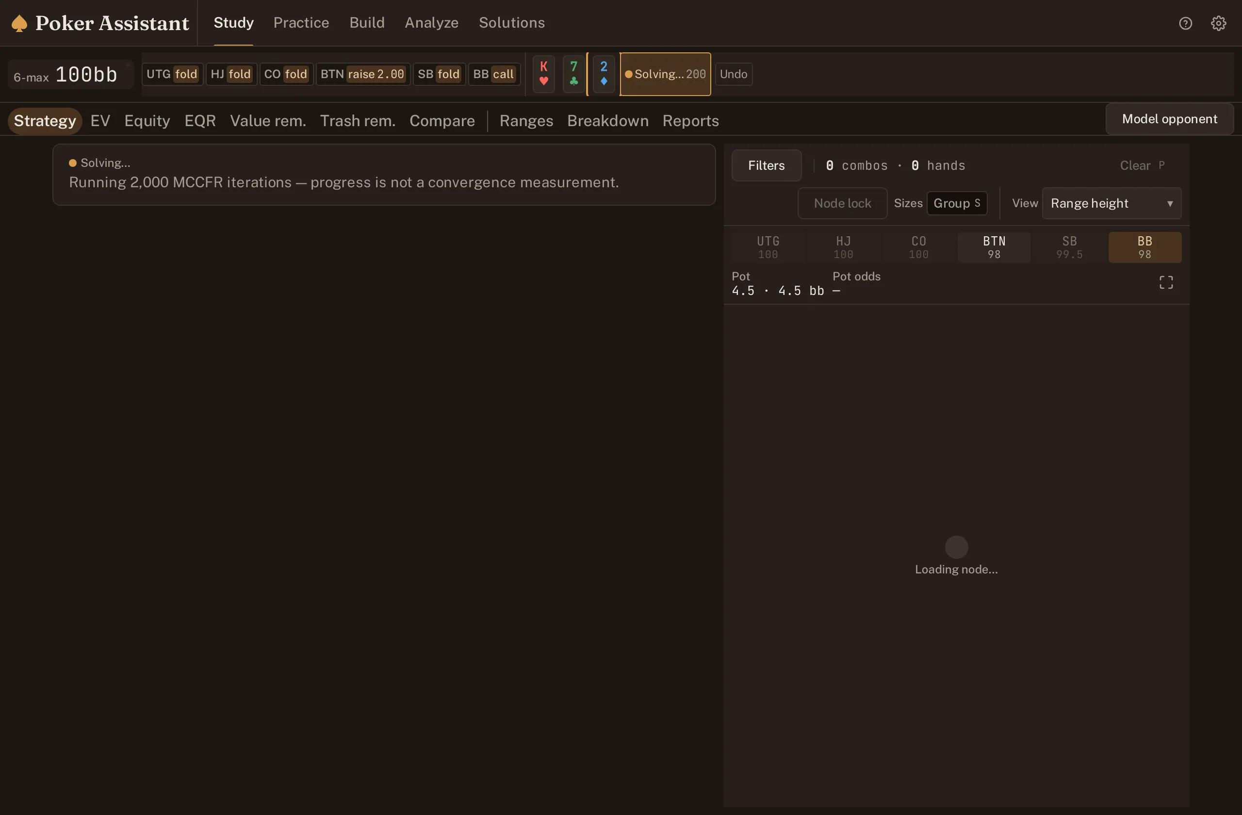Screenshot of a flop resolve running on the Study screen, with the iteration count climbing before any strategy renders.