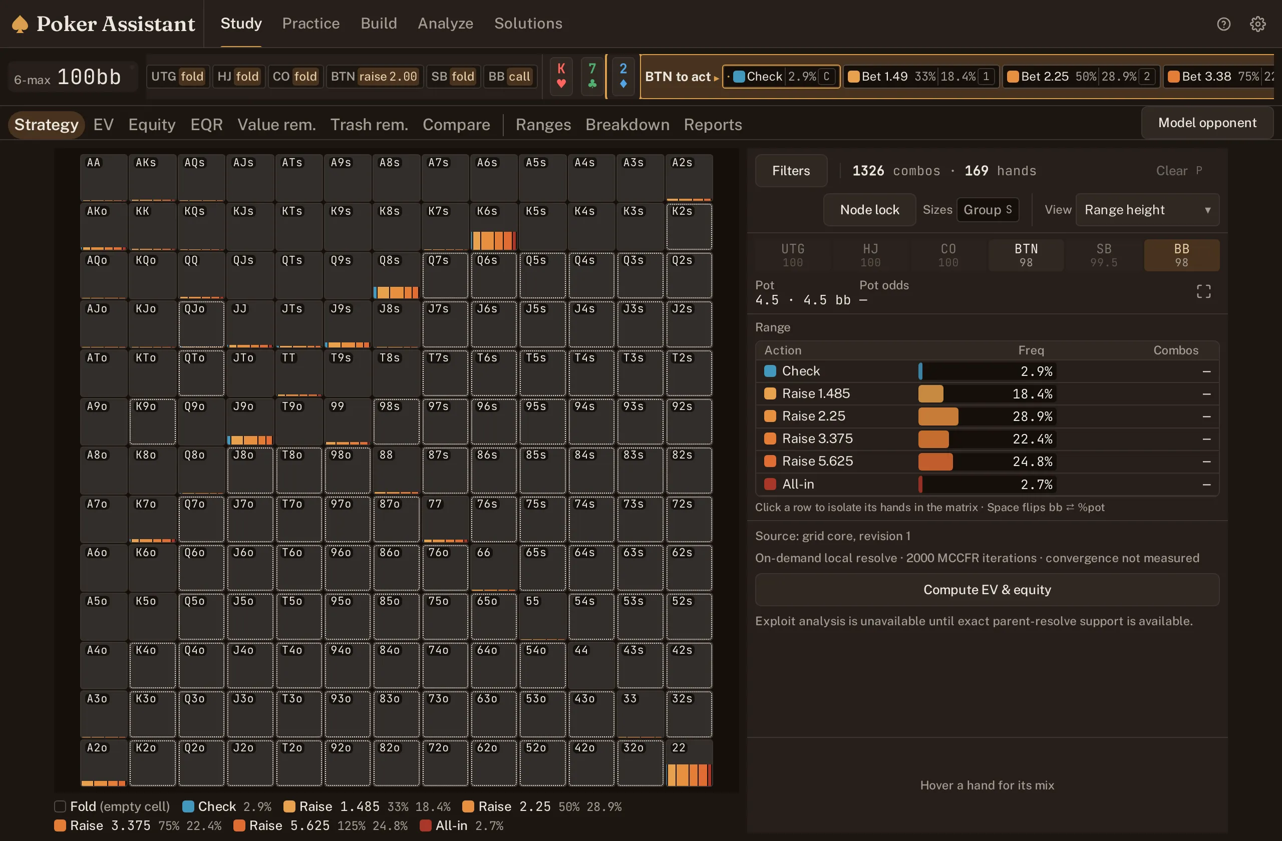 Screenshot of the same flop resolved, with a full betting ladder and a painted range grid filling in.