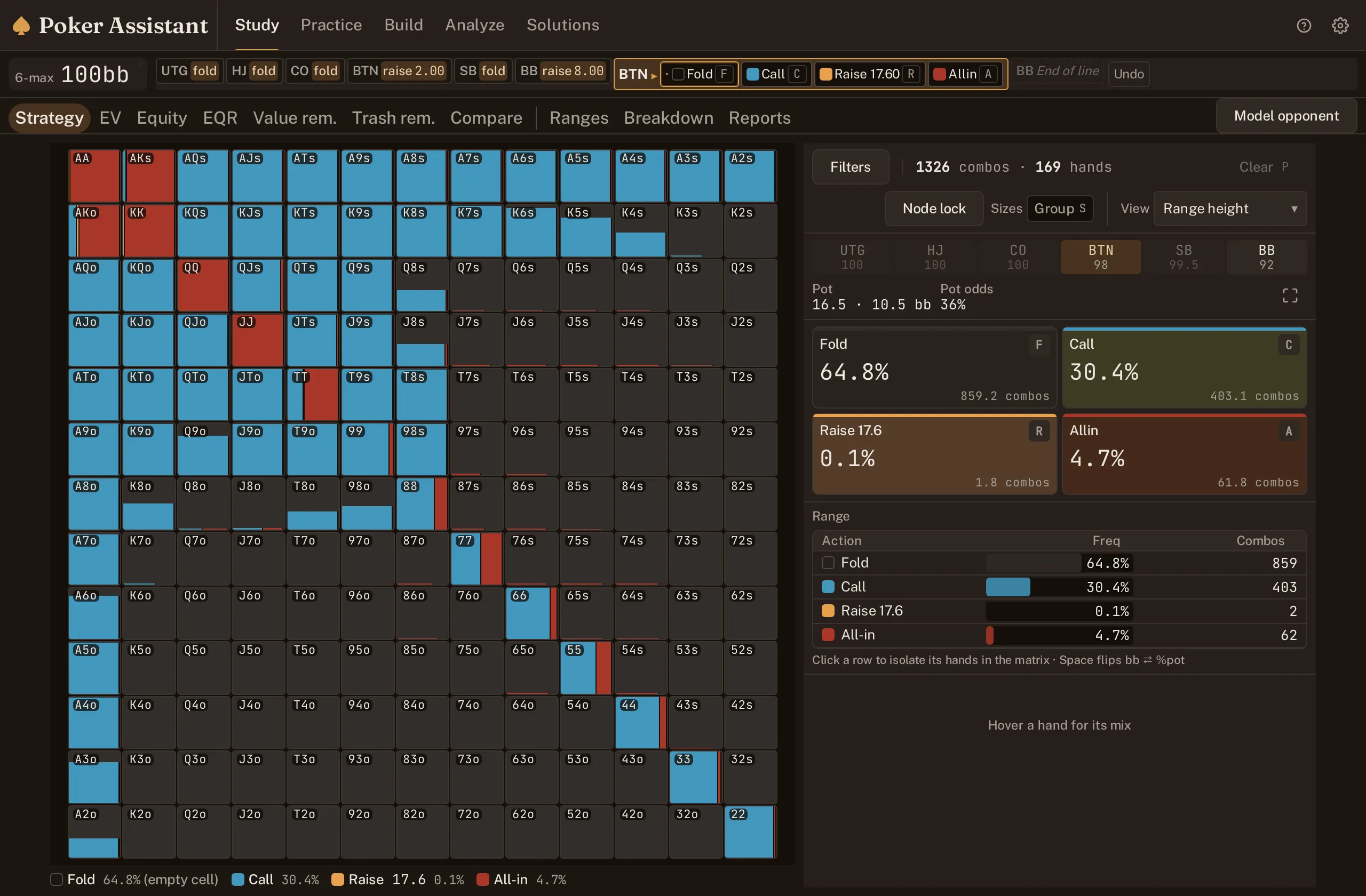 Screenshot of the Study screen: a range grid for a button facing a three-bet, with a fold-heavy strategy and a four-option action ladder.