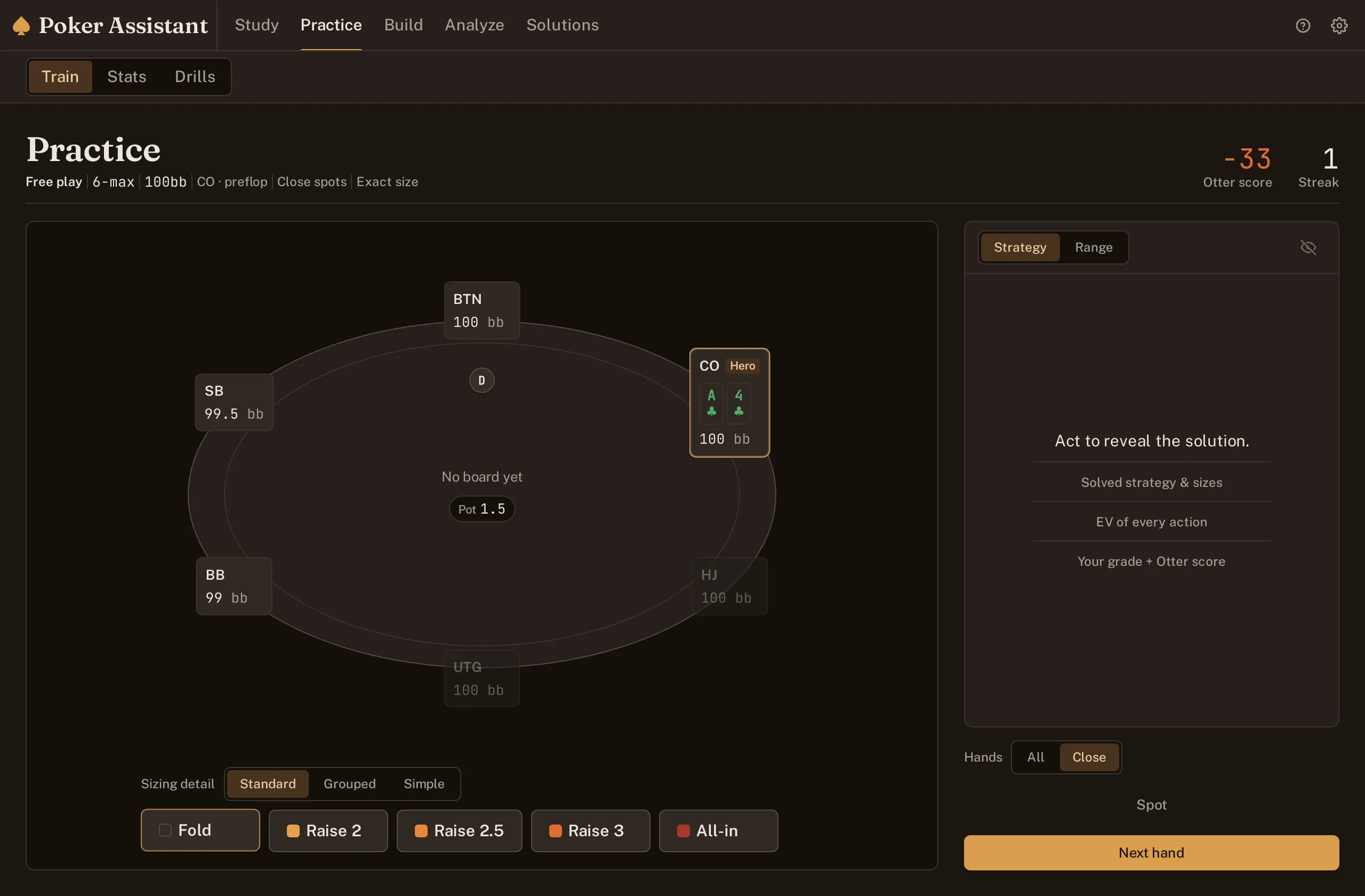 Screenshot of the Practice screen with a hand dealt and its solved strategy still hidden.