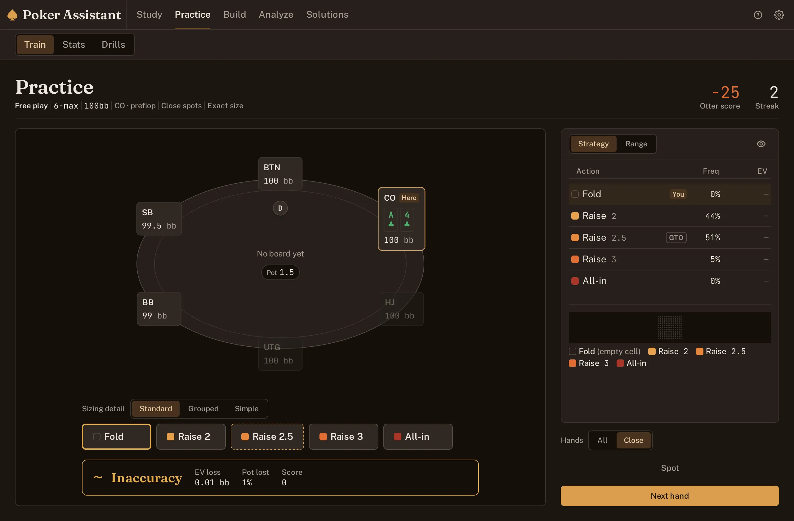 Screenshot of the Practice screen with a hand's revealed mix and grade after answering.